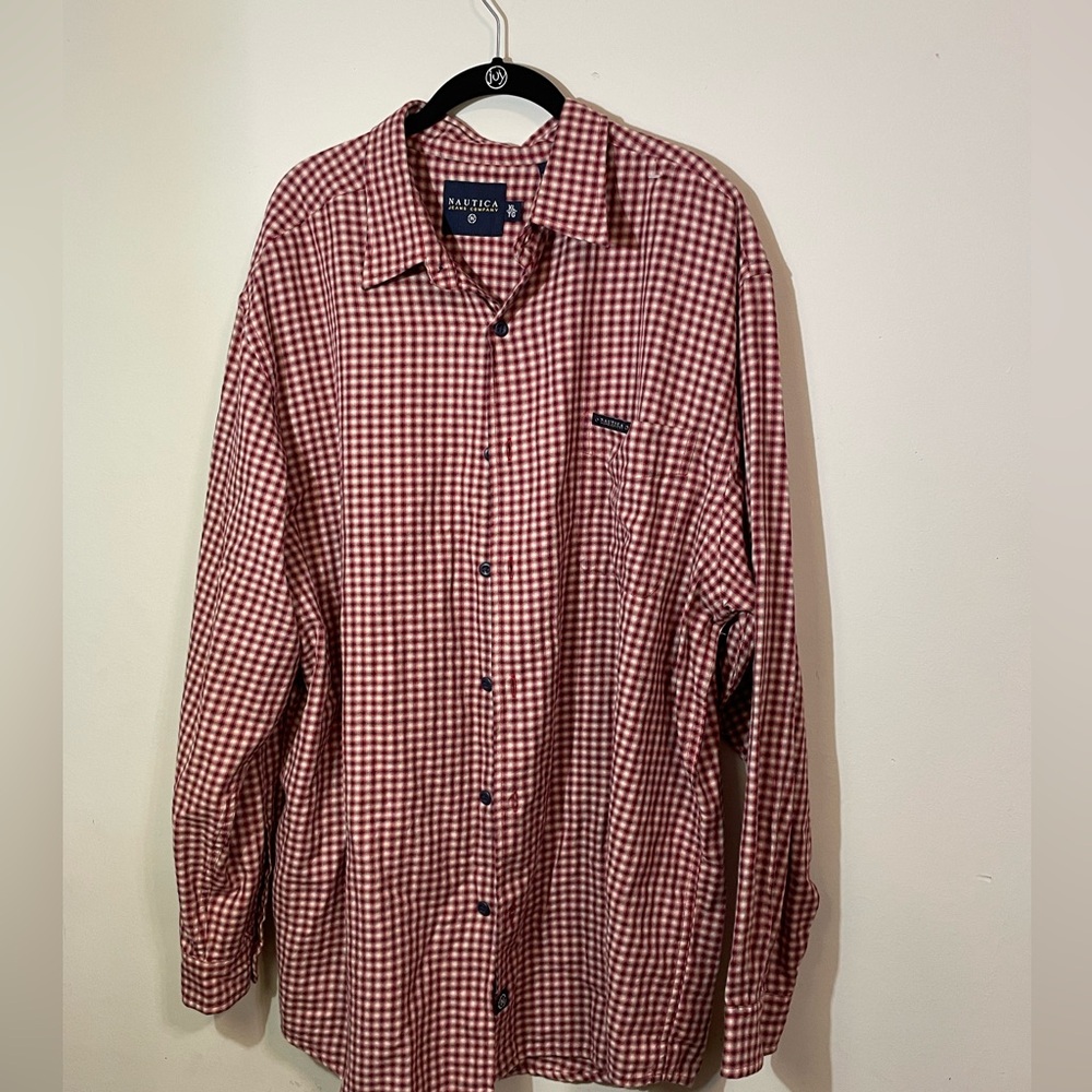 Nautica Men’s XL button down shirt‎ Red White Blue Plaid long sleeve cotton